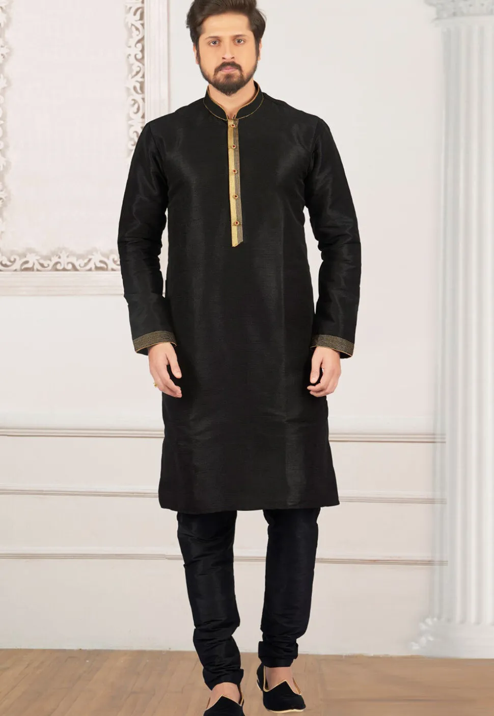 Embroidered Dupion Silk Kurta Set in Black