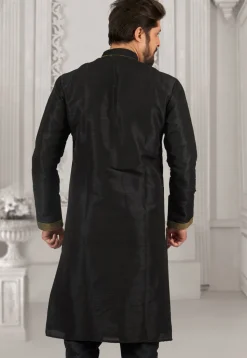 Embroidered Dupion Silk Kurta Set in Black