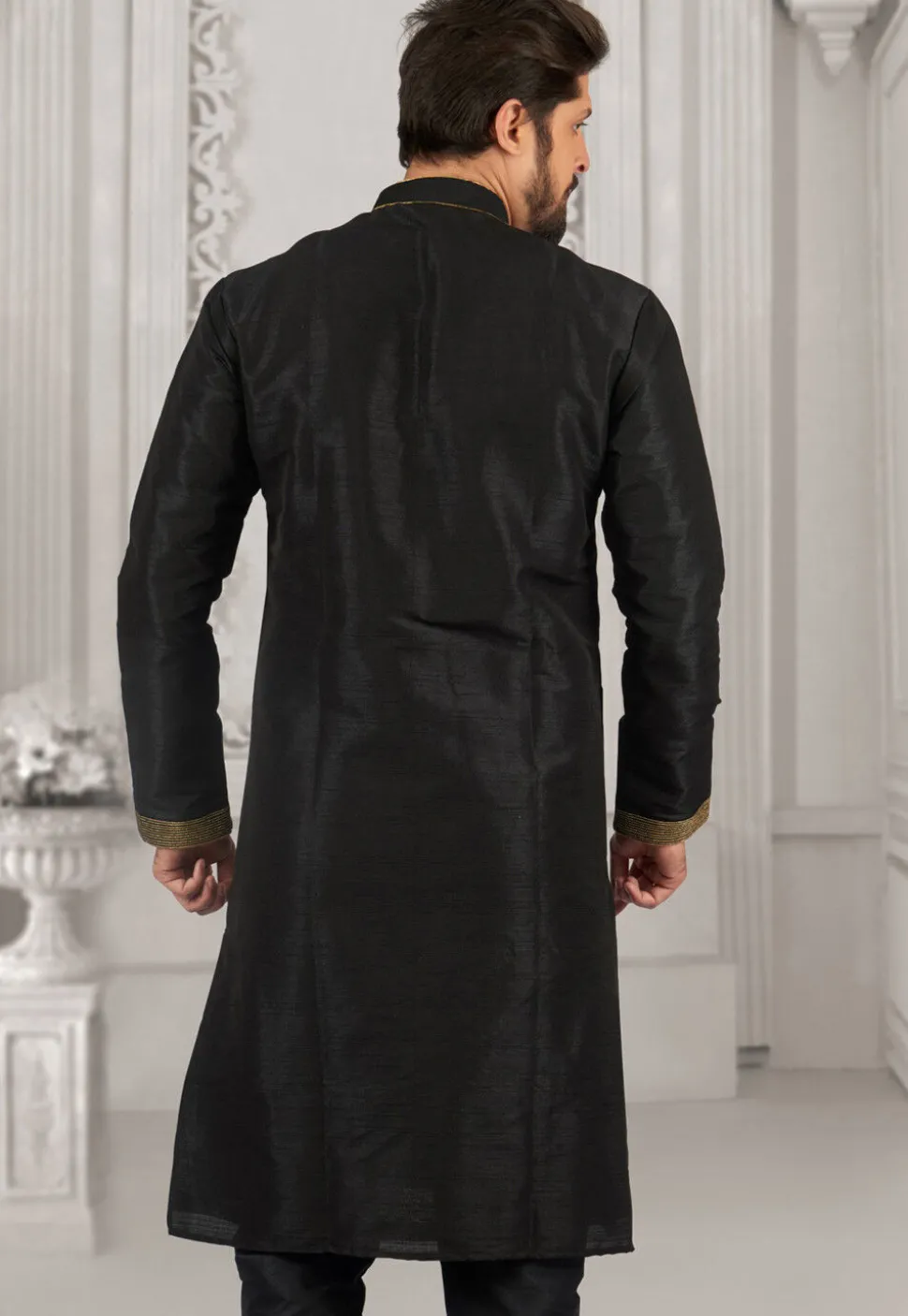 Embroidered Dupion Silk Kurta Set in Black