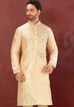 Embroidered Dupion Silk Kurta in Light Beige
