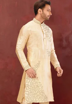 Embroidered Dupion Silk Kurta in Light Beige