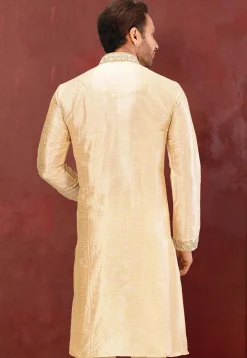 Embroidered Dupion Silk Kurta in Light Beige