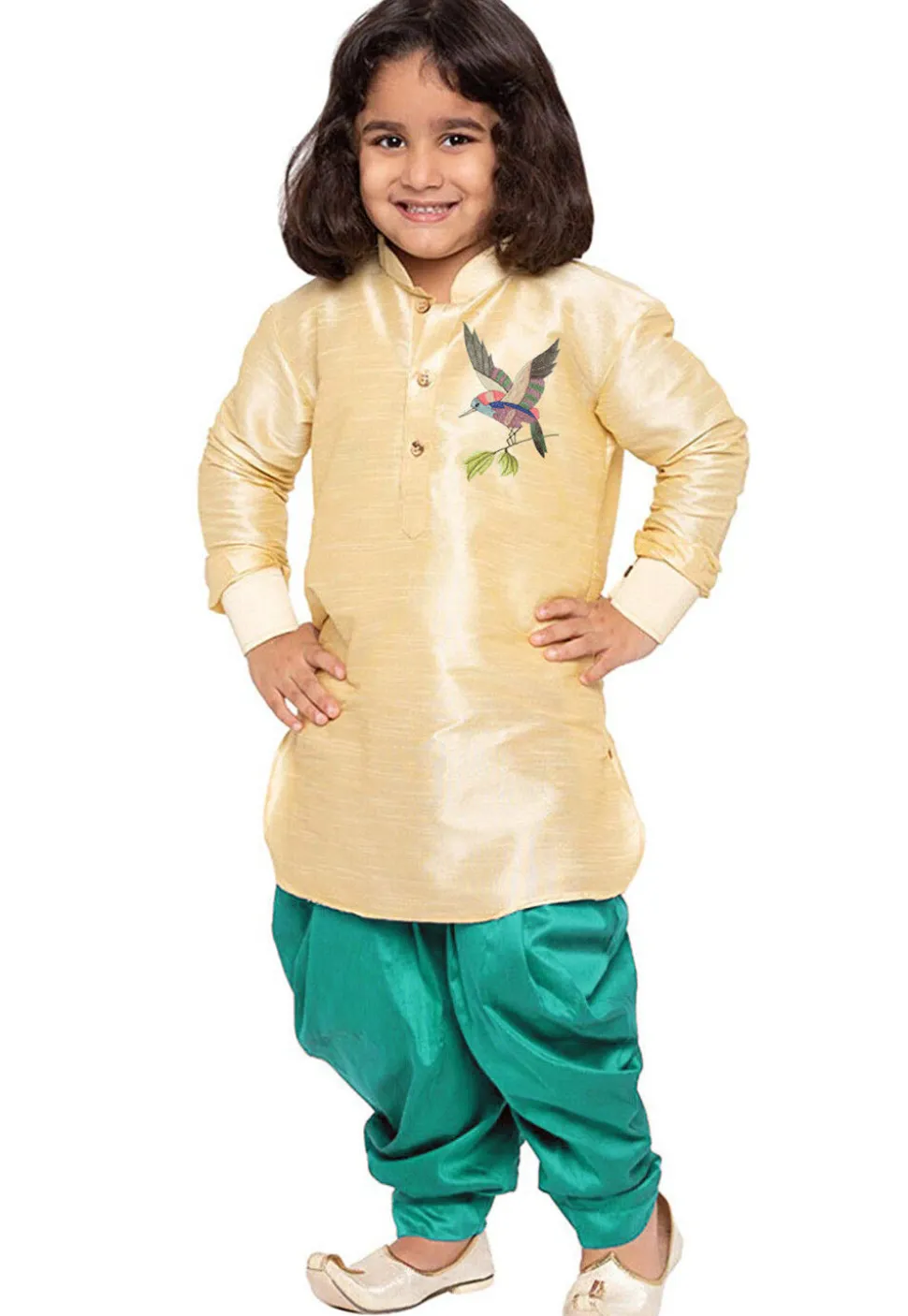 Embroidered Dupion Silk Kurta Set in Light Beige