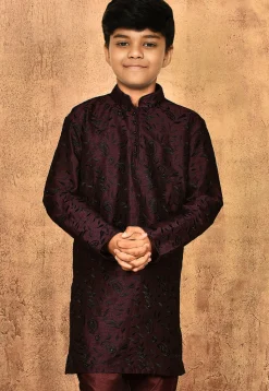Embroidered Dupion Silk Kurta in Wine