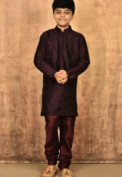 Embroidered Dupion Silk Kurta in Wine