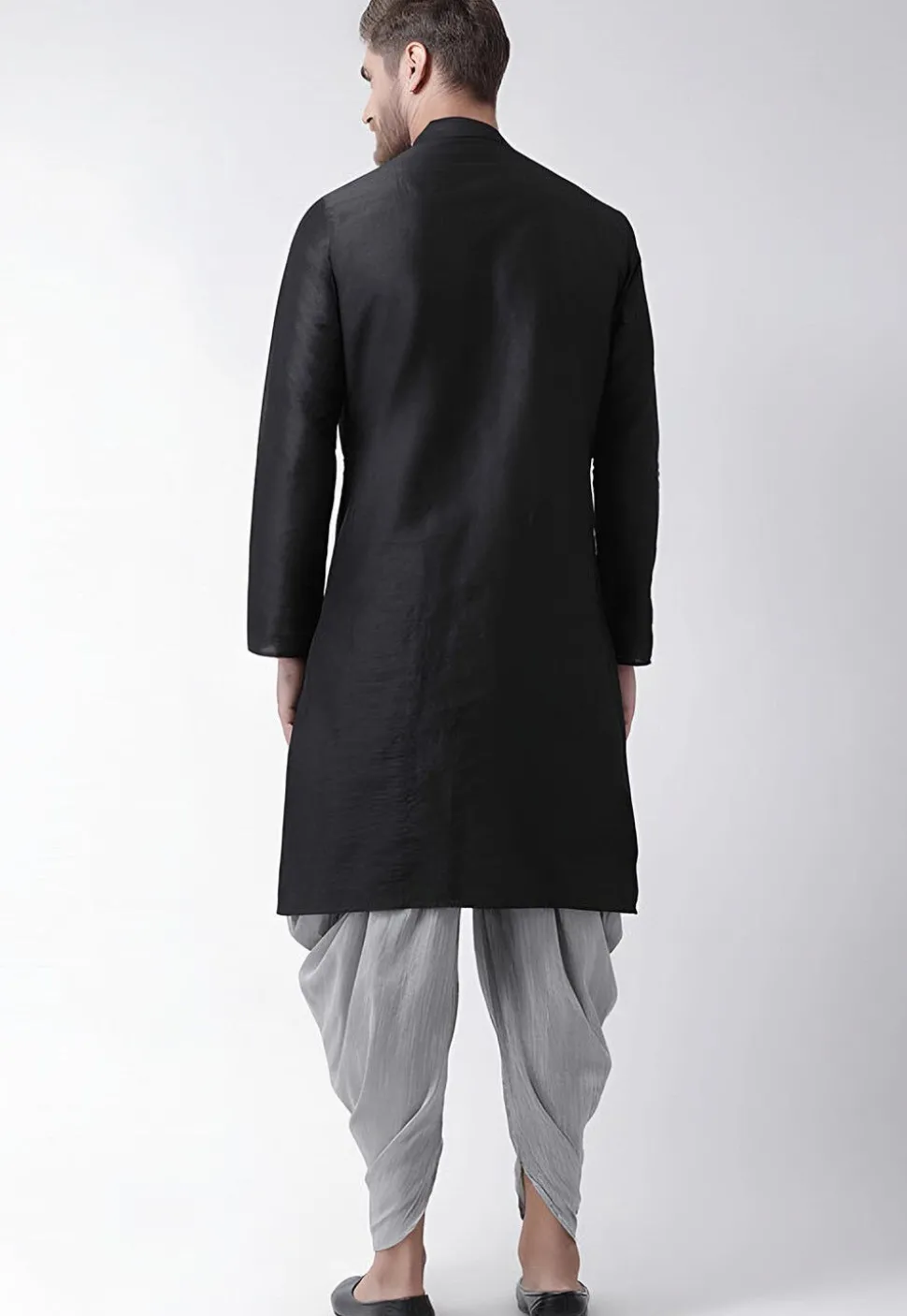 Embroidered Dupion Silk Kurta Set in Black