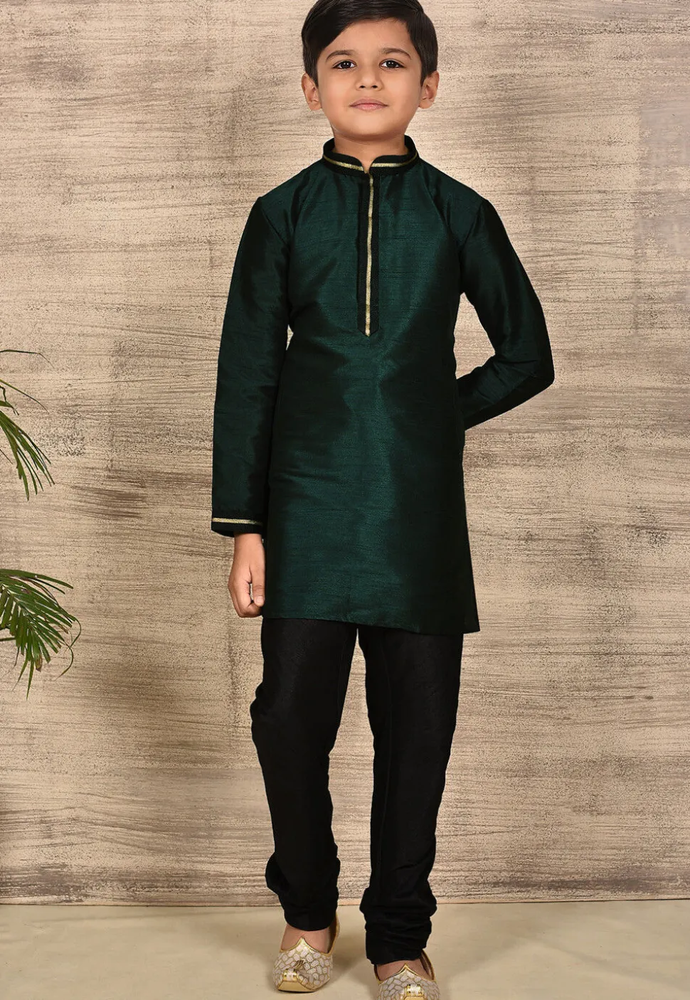 Embroidered Dupion Silk Kurta Set in Dark Green