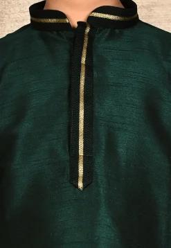 Embroidered Dupion Silk Kurta Set in Dark Green