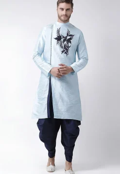 Embroidered Dupion Silk Kurta Set in Light Blue