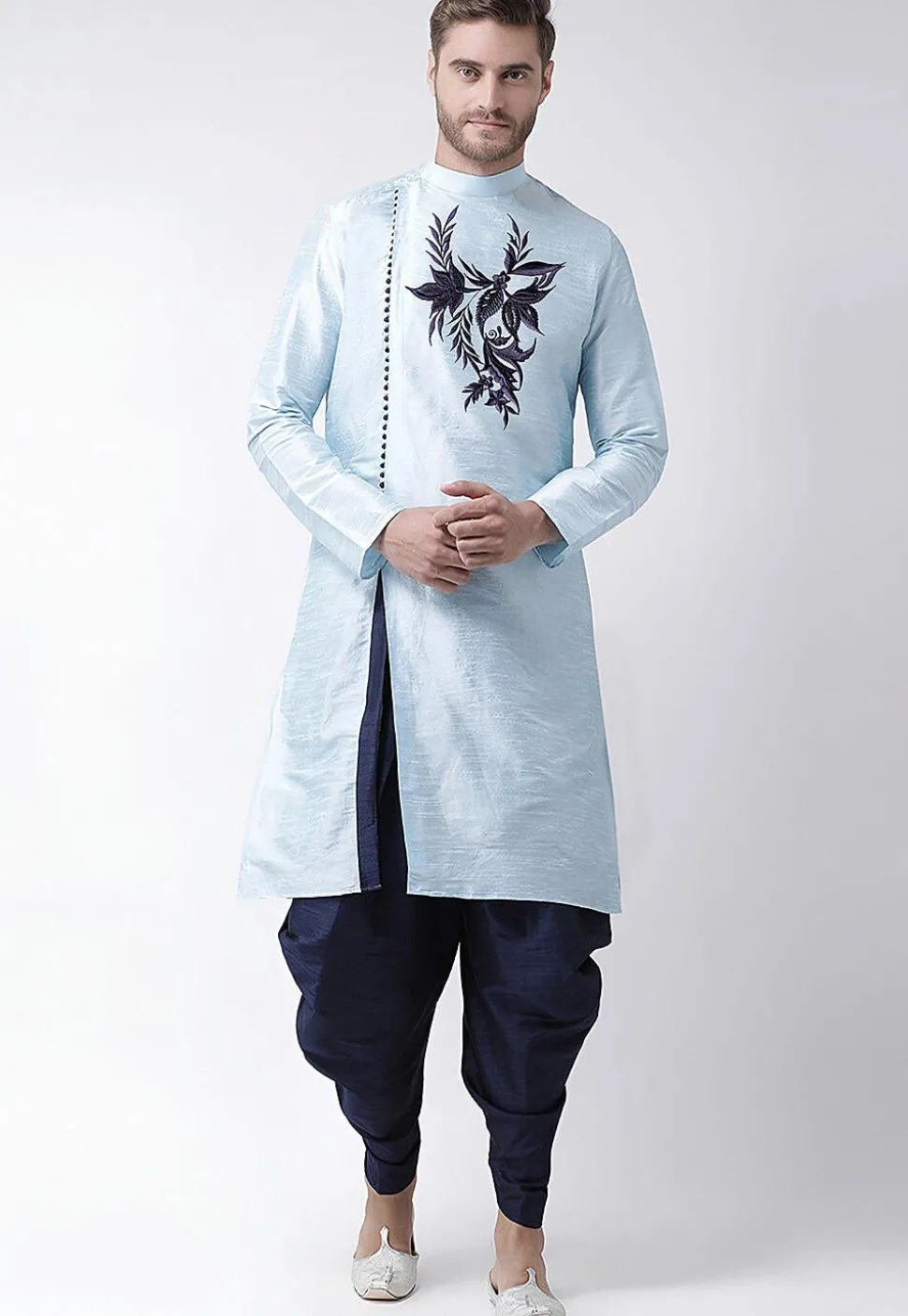 Embroidered Dupion Silk Kurta Set in Light Blue