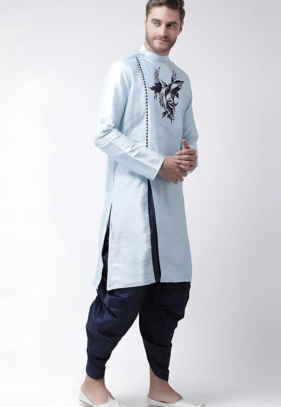 Embroidered Dupion Silk Kurta Set in Light Blue
