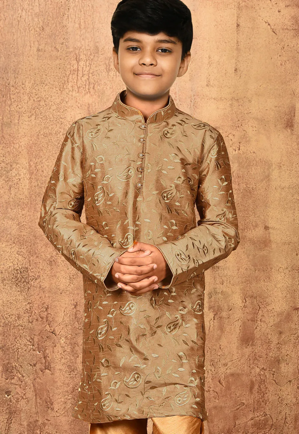 Embroidered Dupion Silk Kurta in Dark Beige