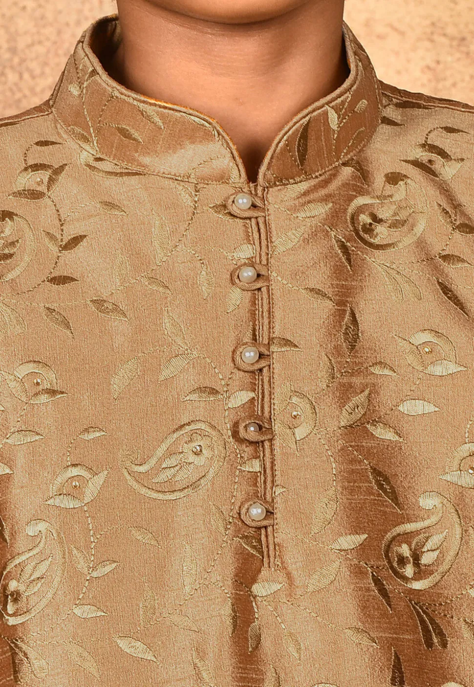 Embroidered Dupion Silk Kurta in Dark Beige