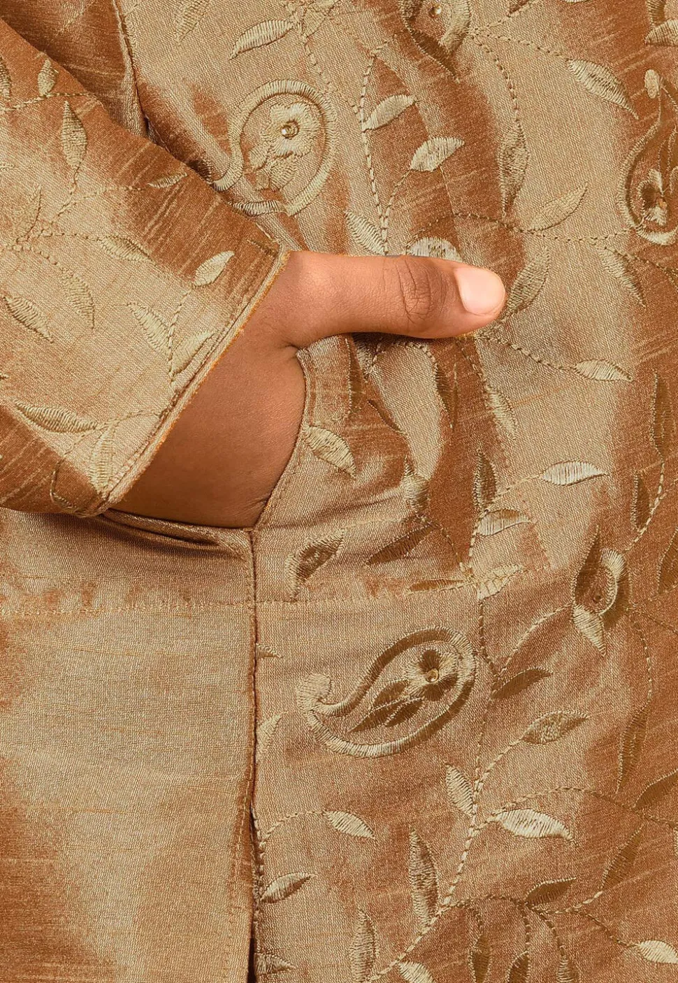 Embroidered Dupion Silk Kurta in Dark Beige