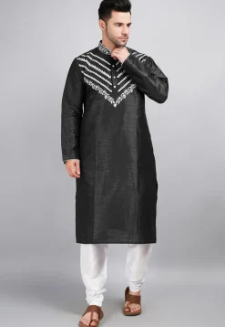 Embroidered Dupion Silk Kurta Set in Black