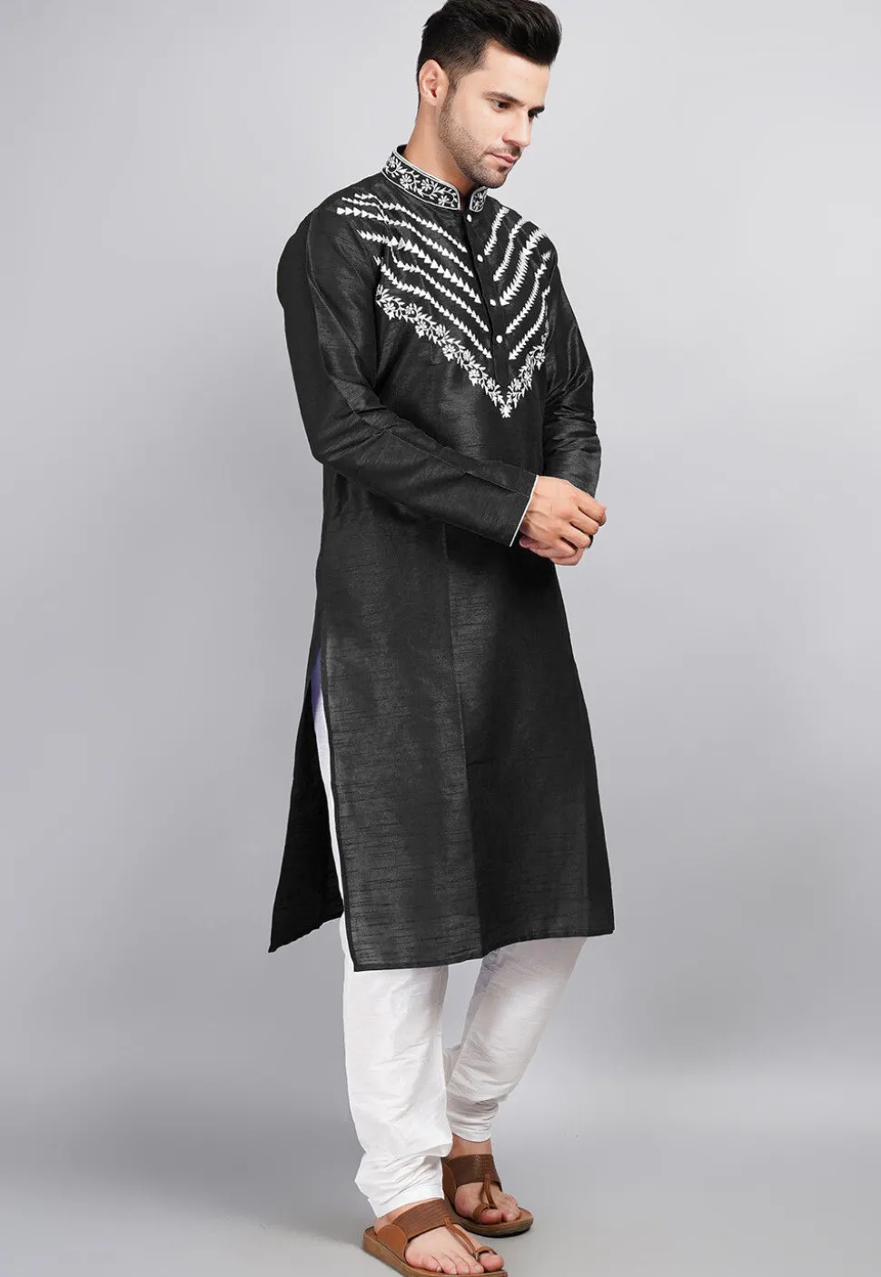 Embroidered Dupion Silk Kurta Set in Black