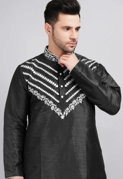 Embroidered Dupion Silk Kurta Set in Black