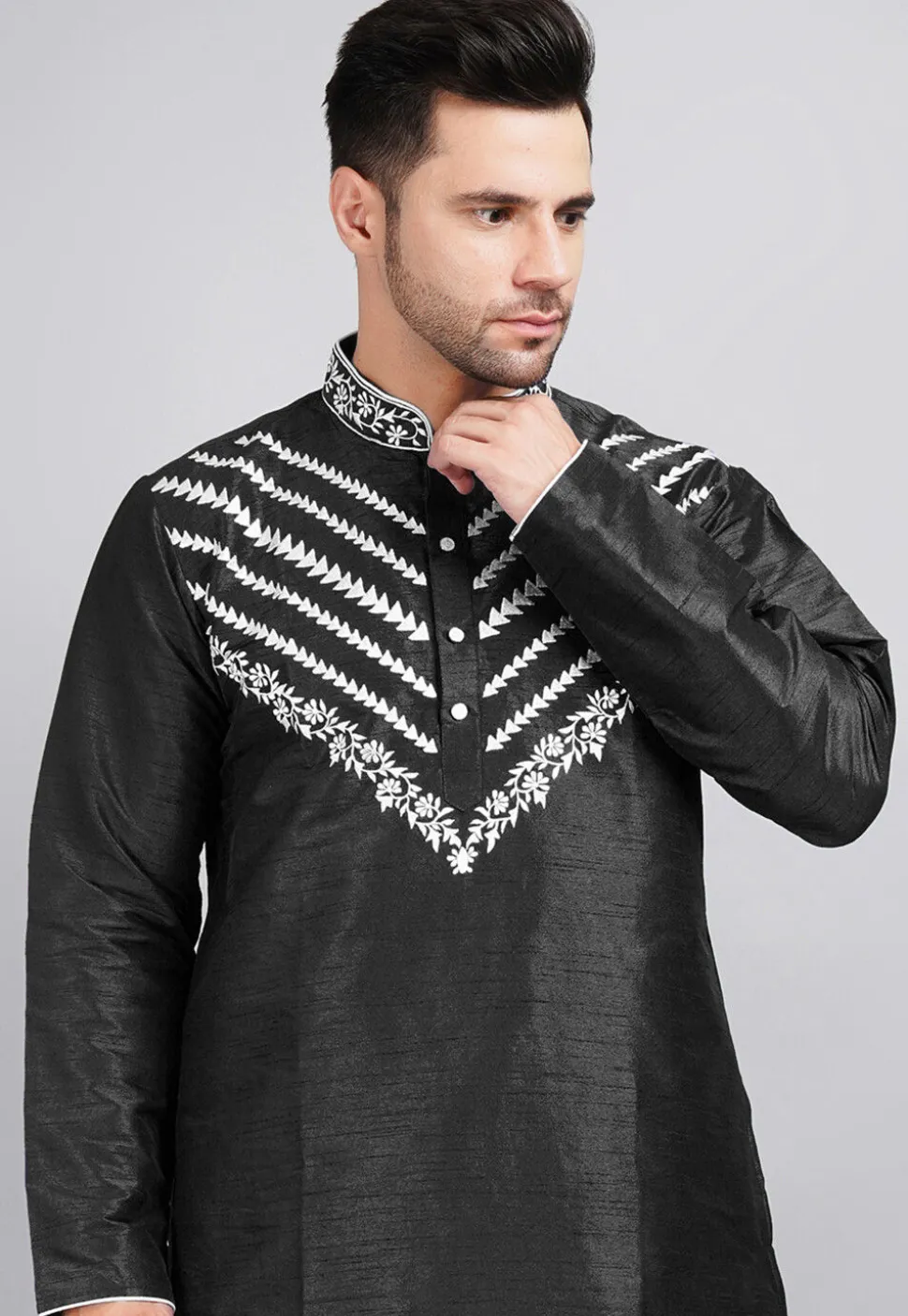 Embroidered Dupion Silk Kurta Set in Black