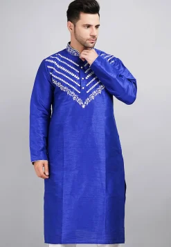 Embroidered Dupion Silk Kurta in Royal Blue