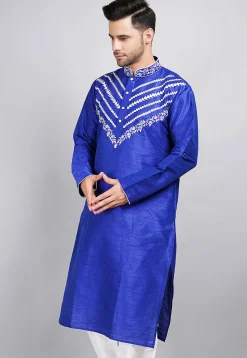 Embroidered Dupion Silk Kurta in Royal Blue