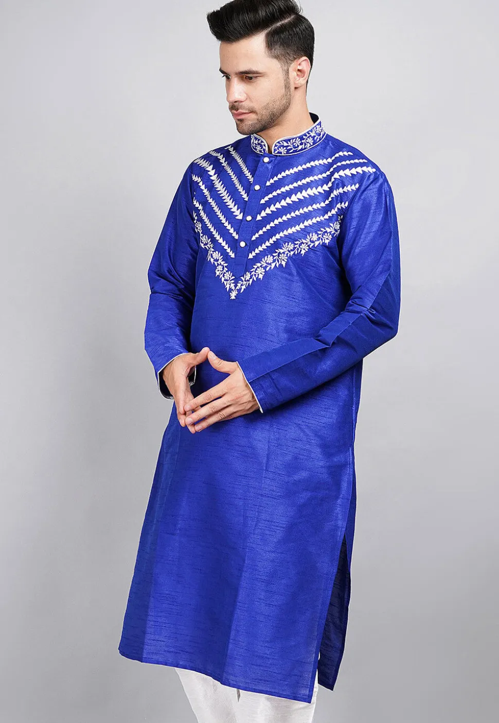 Embroidered Dupion Silk Kurta in Royal Blue
