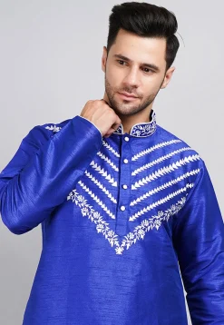 Embroidered Dupion Silk Kurta in Royal Blue