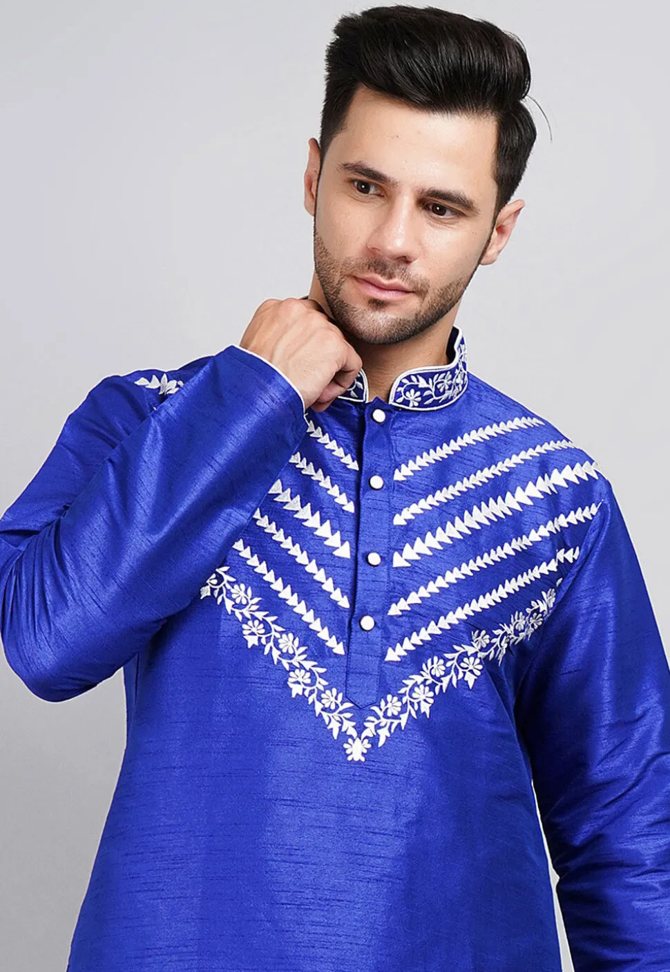 Embroidered Dupion Silk Kurta in Royal Blue