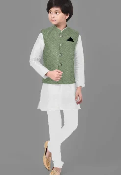 Embroidered Dupion Silk Kurta Set in Off White and Dusty Green