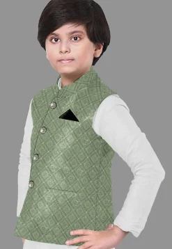 Embroidered Dupion Silk Kurta Set in Off White and Dusty Green