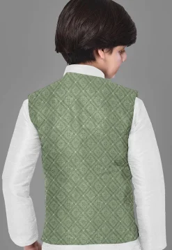 Embroidered Dupion Silk Kurta Set in Off White and Dusty Green