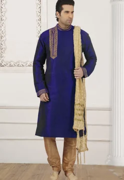 Embroidered Dupion Silk Kurta Set in Royal Blue