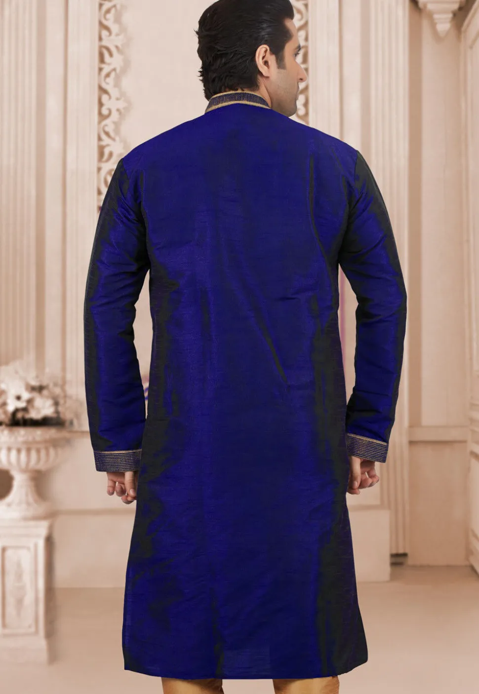 Embroidered Dupion Silk Kurta Set in Royal Blue