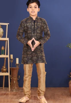 Embroidered Dupion Silk Kurta Set in Black