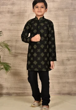 Embroidered Dupion Silk Kurta Set in Black