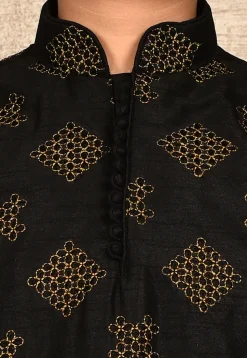 Embroidered Dupion Silk Kurta Set in Black