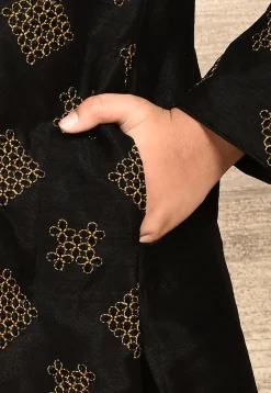 Embroidered Dupion Silk Kurta Set in Black