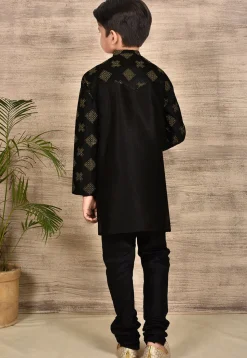 Embroidered Dupion Silk Kurta Set in Black