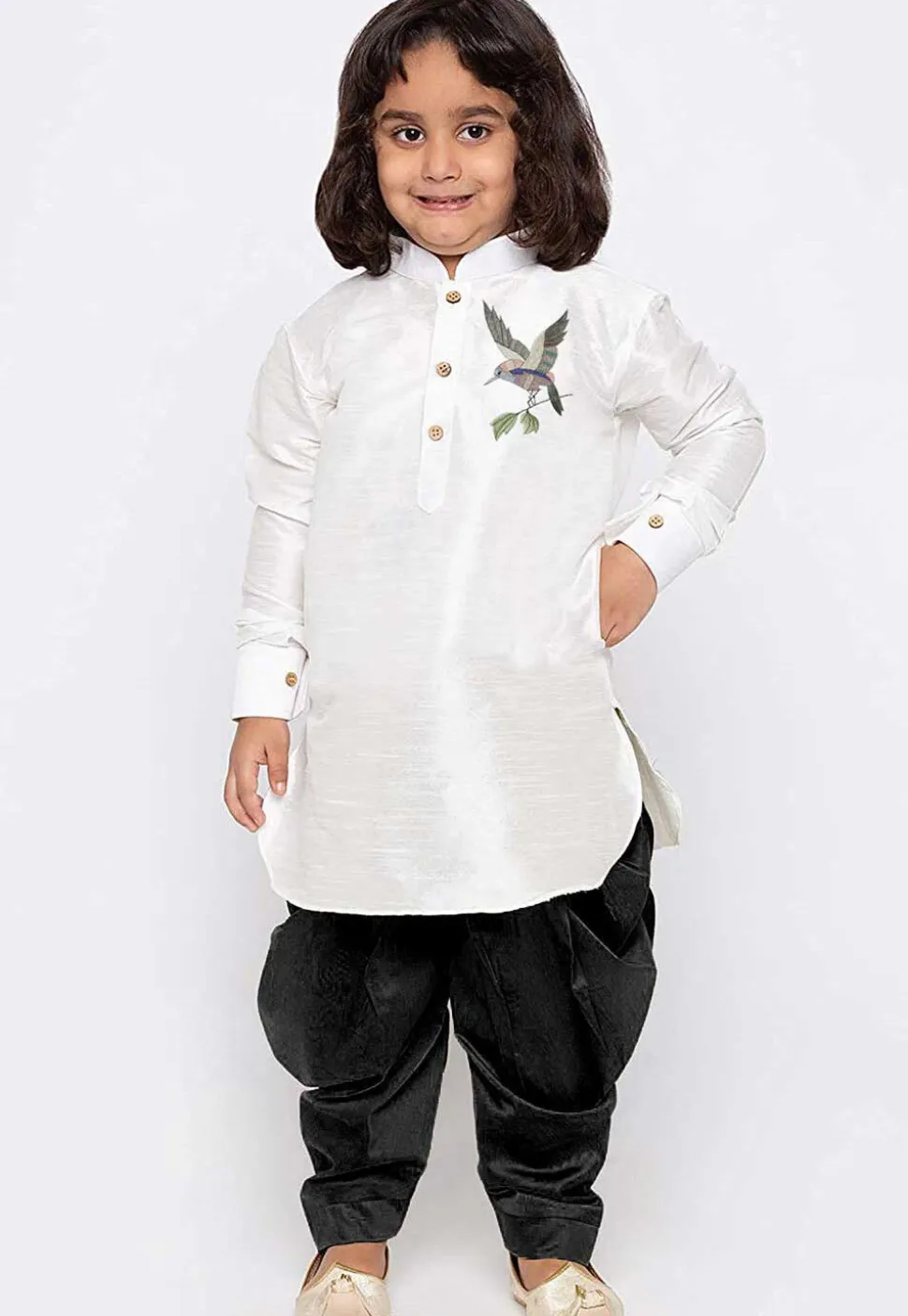 Embroidered Dupion Silk Kurta Set in White