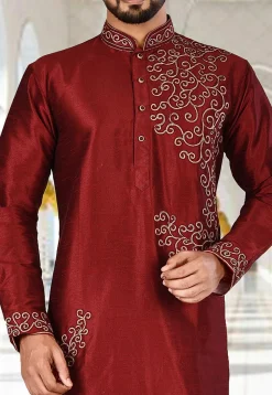 Embroidered Dupion Silk Kurta in Maroon
