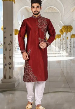 Embroidered Dupion Silk Kurta in Maroon