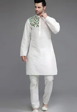 Embroidered Dupion Silk Kurta Set in White