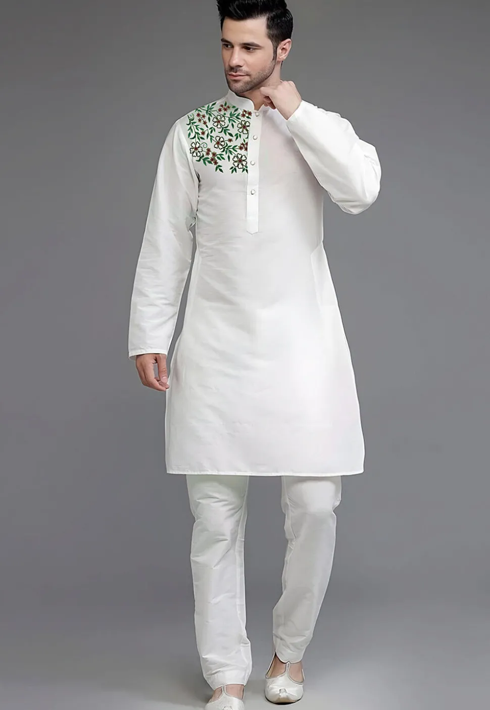 Embroidered Dupion Silk Kurta Set in White