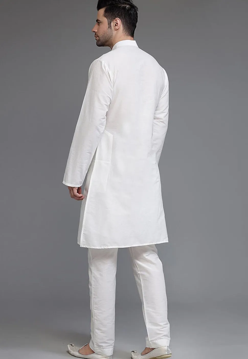 Embroidered Dupion Silk Kurta Set in White