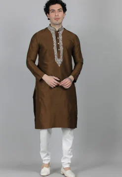 Embroidered Dupion Silk Kurta Set in Brown
