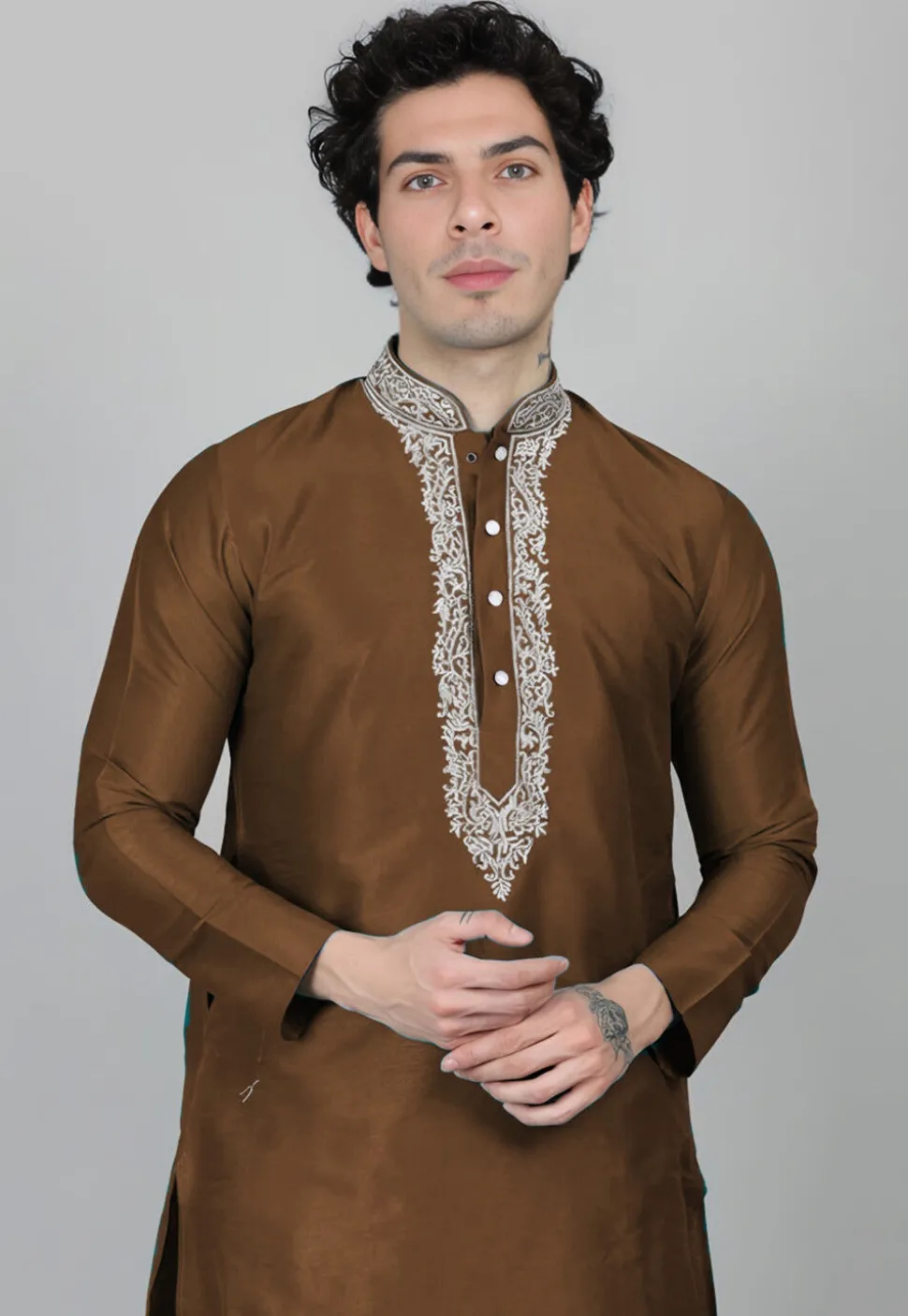 Embroidered Dupion Silk Kurta Set in Brown