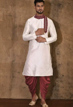 Embroidered Dupion Silk Kurta Set in Cream