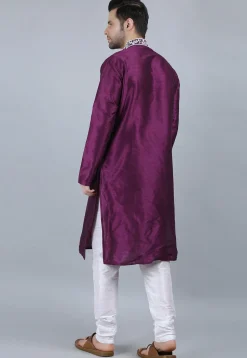 Embroidered Dupion Silk Kurta Set in Violet
