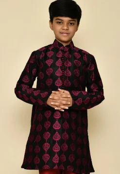 Embroidered Dupion Silk Kurta in Black