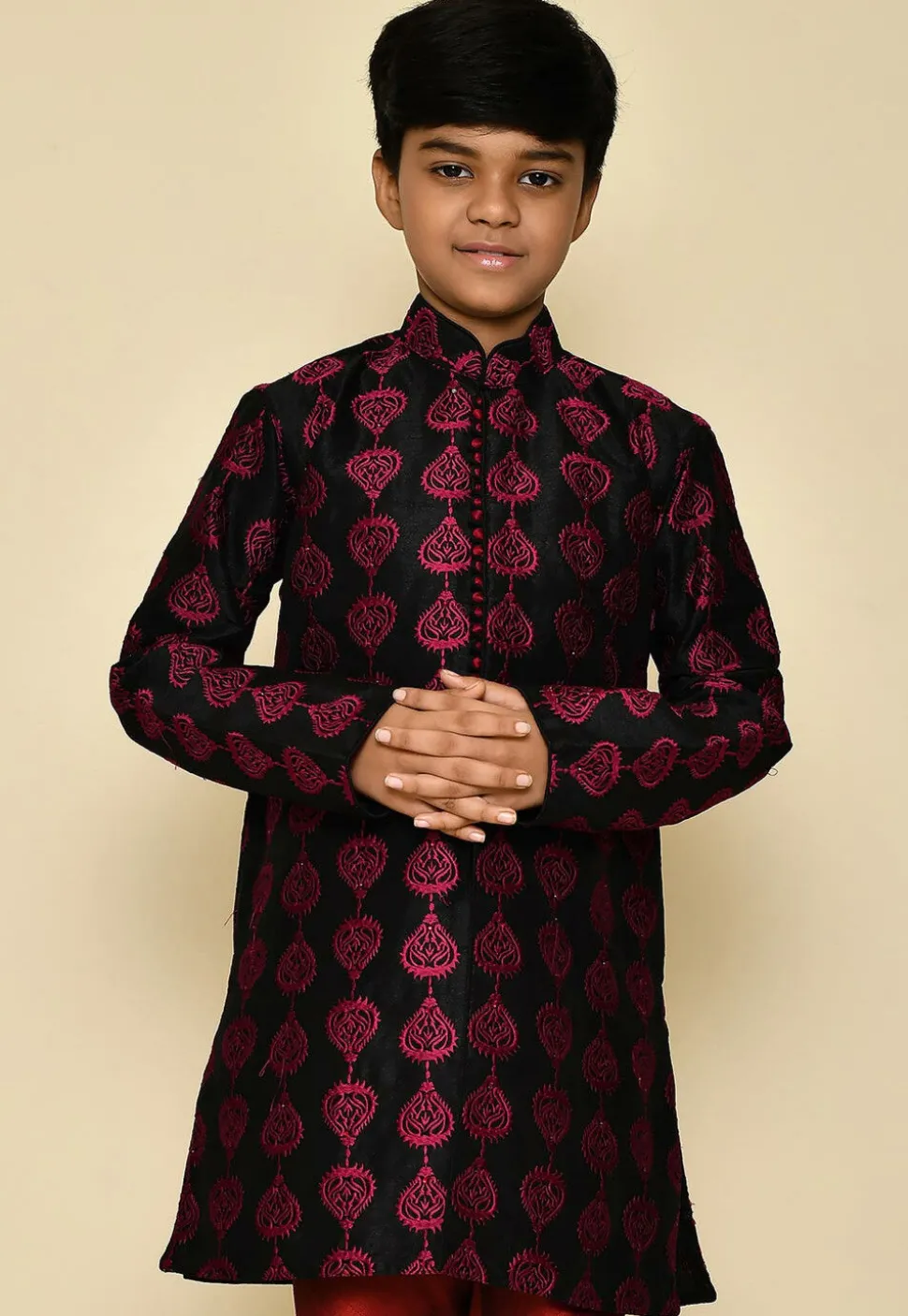 Embroidered Dupion Silk Kurta in Black