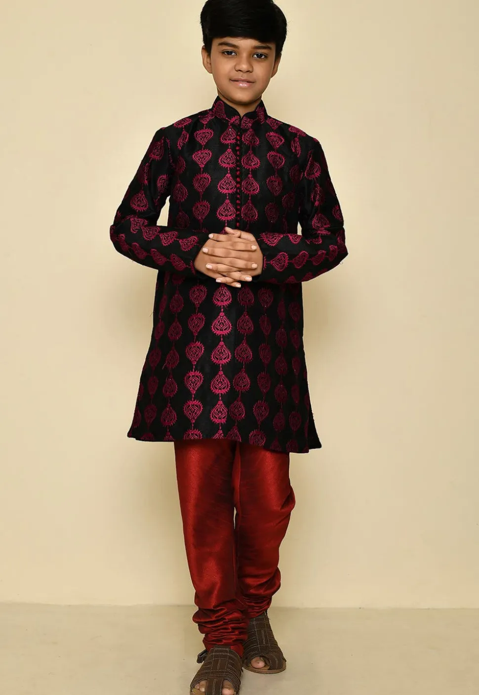 Embroidered Dupion Silk Kurta in Black